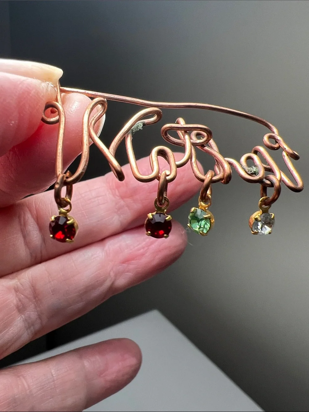 Vintage Copper 'Mother' Wire Brooch Pin with Colored Crystal Drops